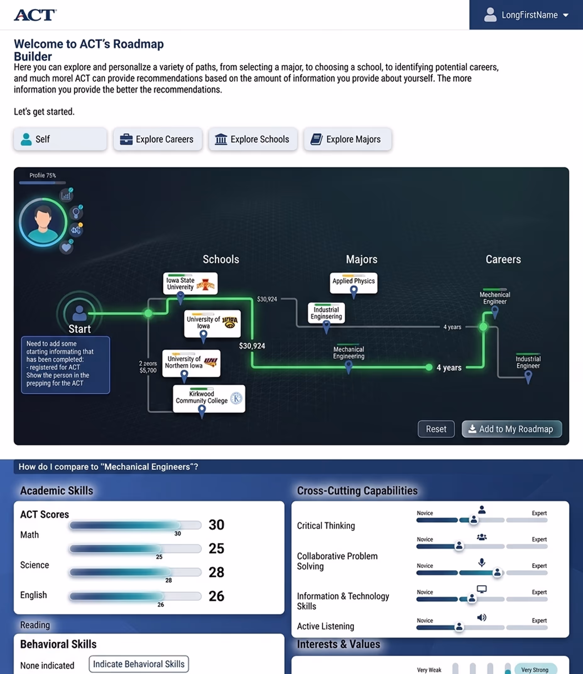 ACT Roadmap Builder pathway-planning experience connecting schools, majors, careers, and learner information.