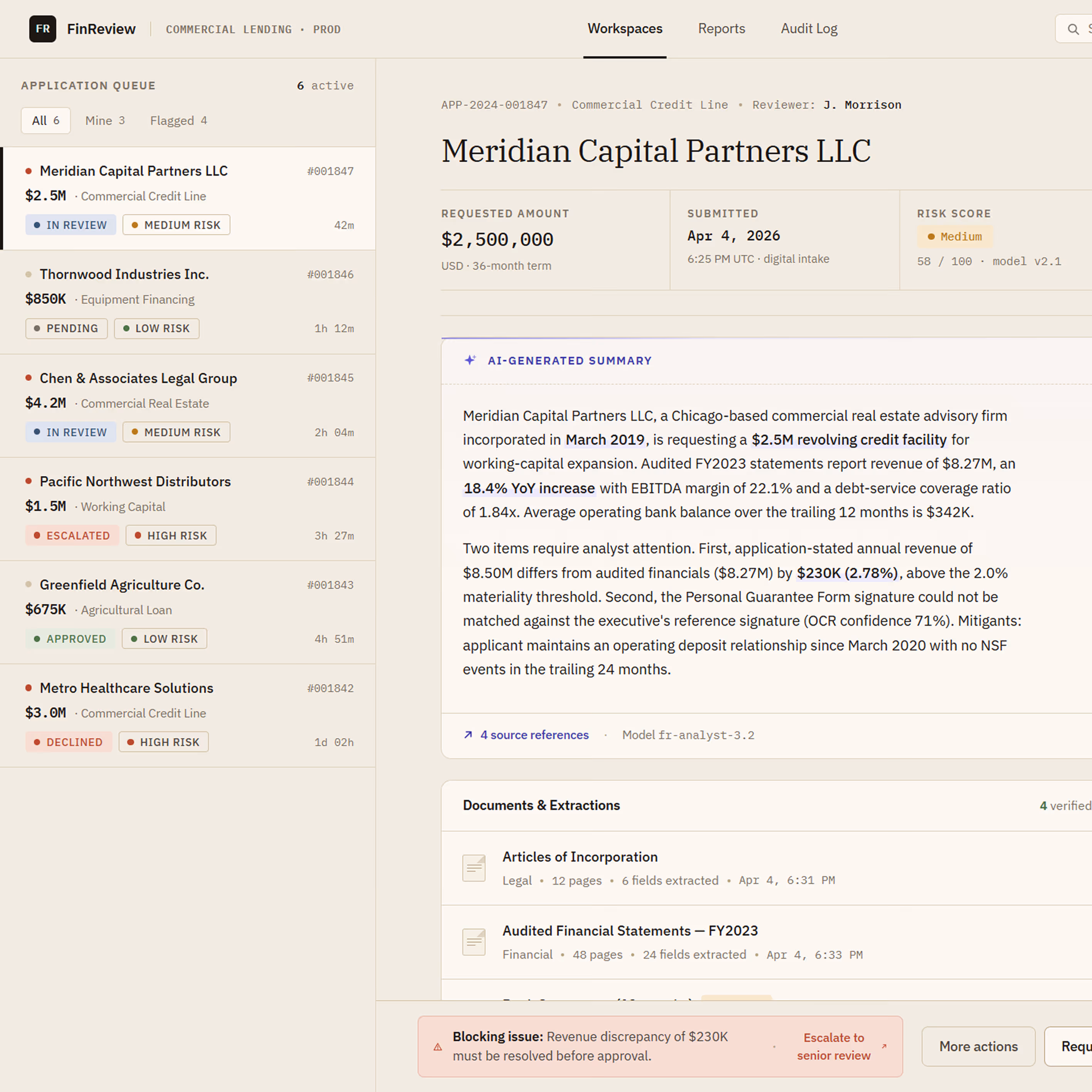 Commercial lending review prototype: application queue, risk details, source documents, and AI-generated summary