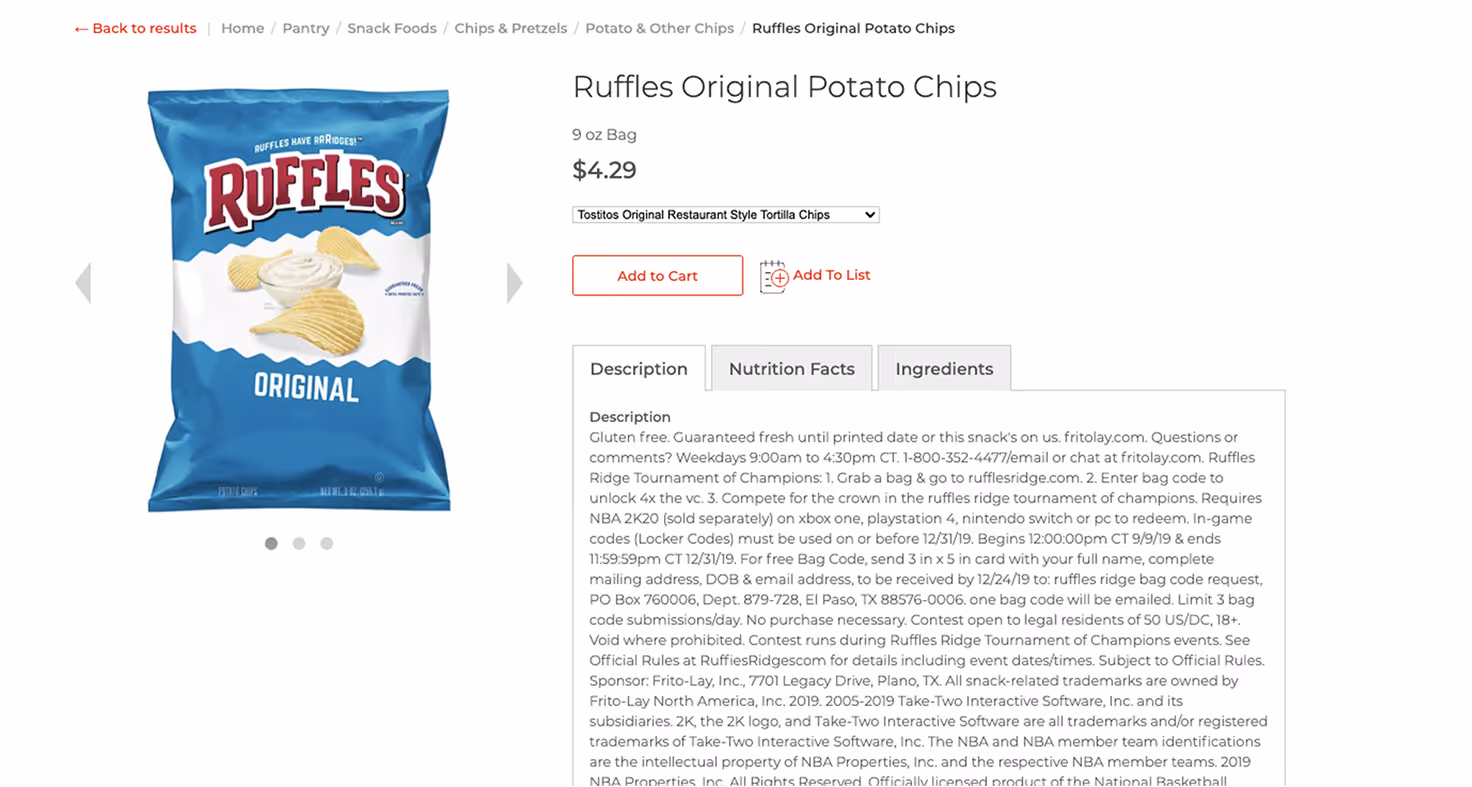 Existing Hy-Vee product detail page showing the original product variation experience
