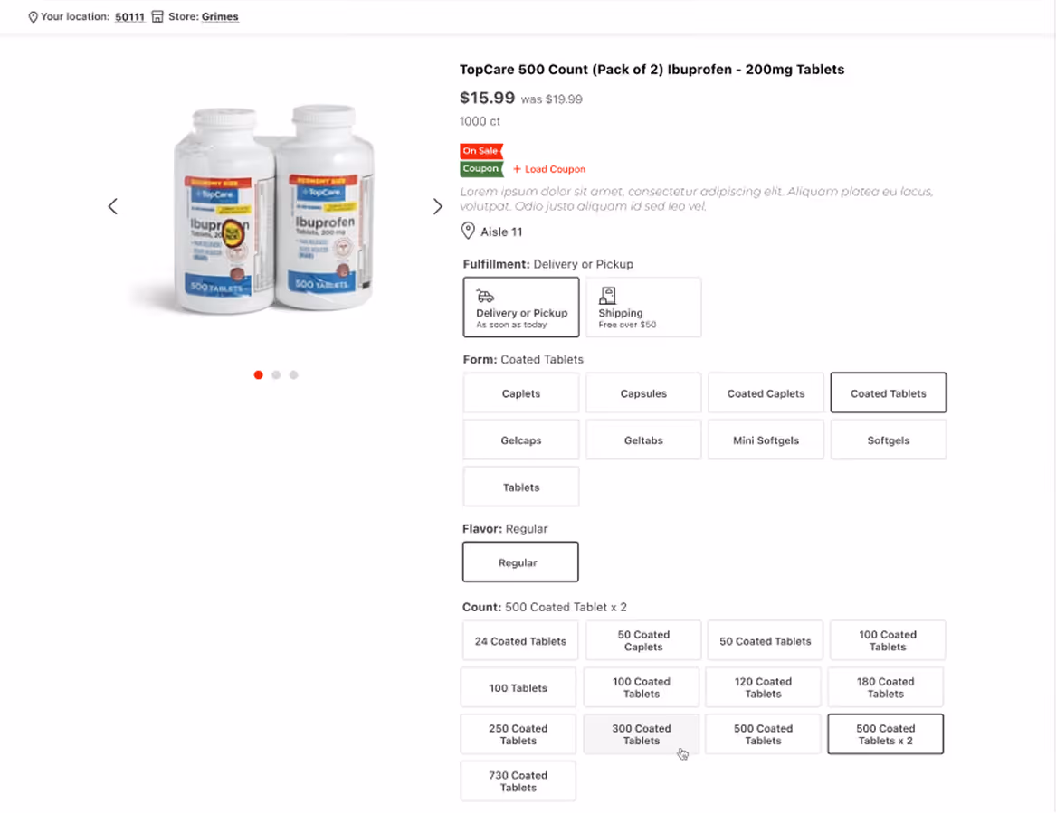 Hy-Vee product detail experience showing product variation and fulfillment choices.