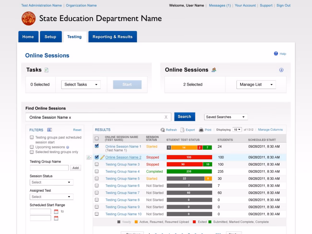 PearsonAccess Next online testing sessions interface showing session status, student counts, and administration controls.