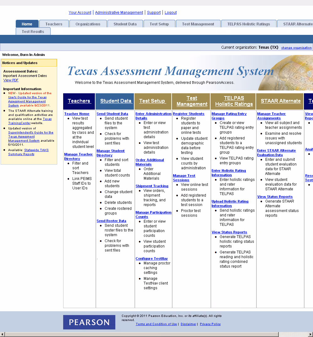 Legacy PearsonAccess Texas home screen showing dense navigation, alerts, tasks, and administration controls.